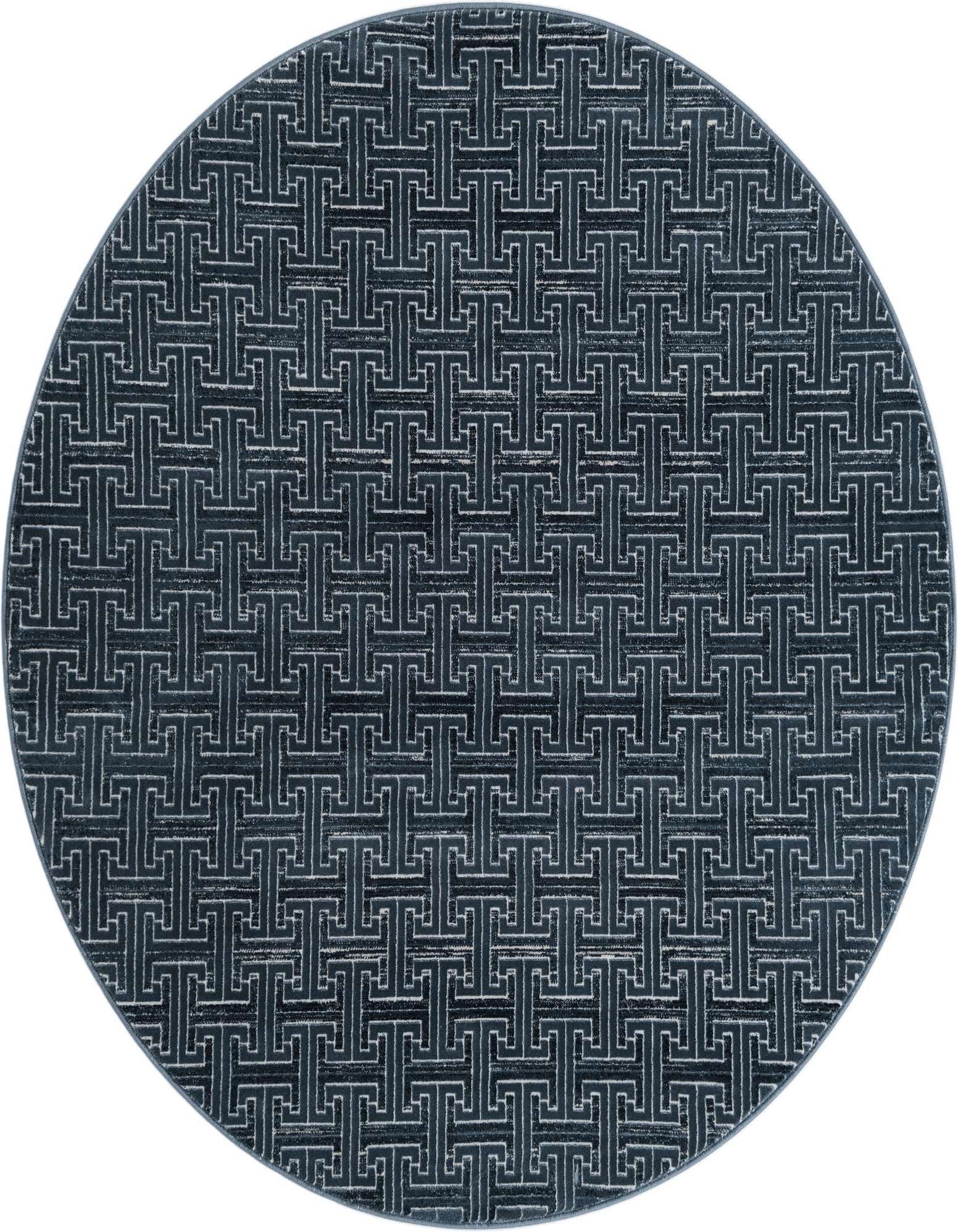 A 5' 3 round navy blue rug with a modern geometric interlocking T-pattern, featuring a thin, textured pile.