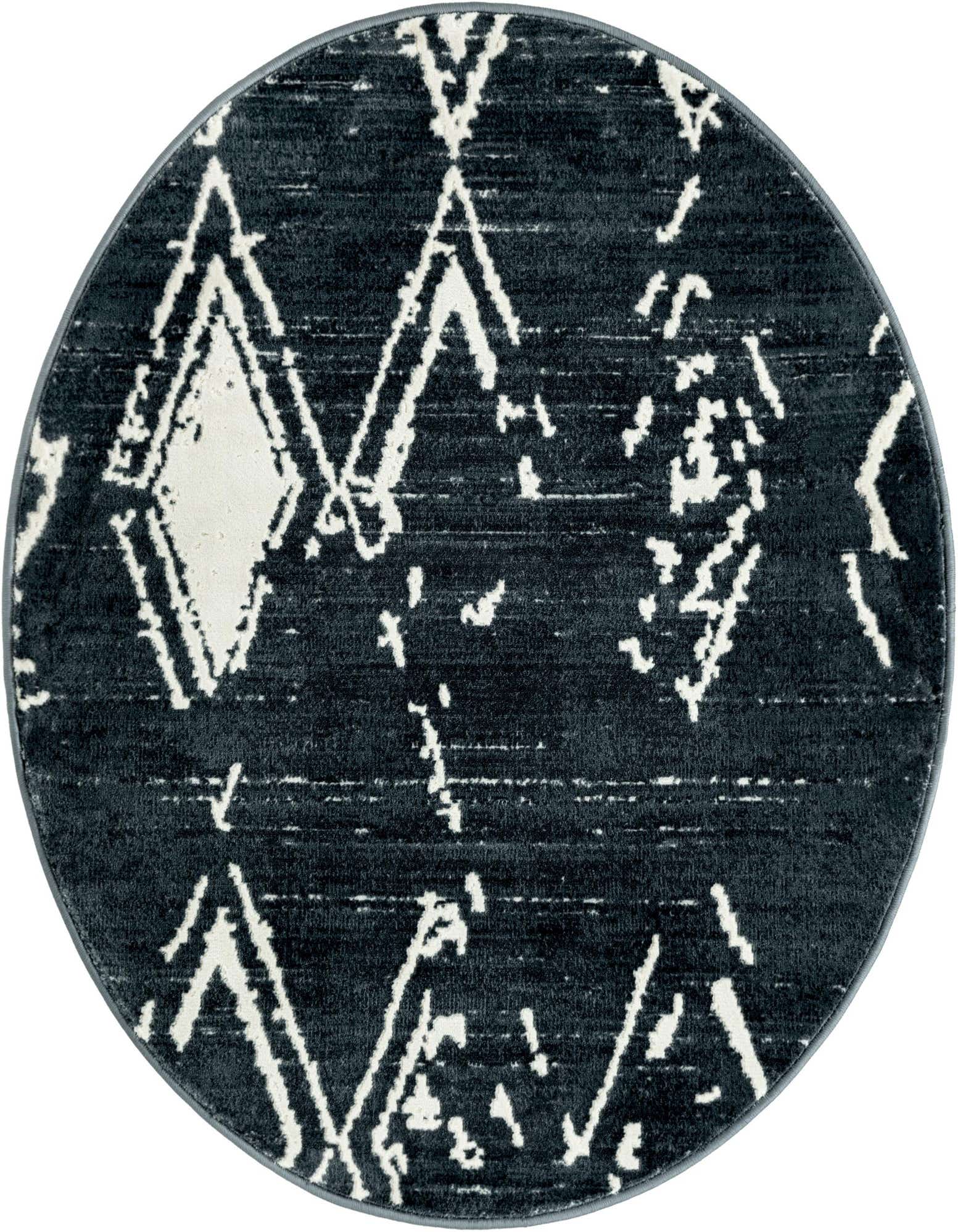 A 3' 3 x 3' 3 round navy blue modern rug with abstract white geometric patterns.