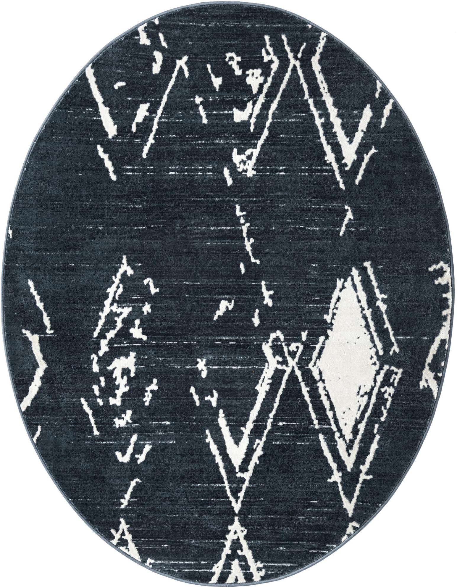 A 5' 3 round navy blue modern rug with a distressed white abstract geometric pattern, suitable for a patio.