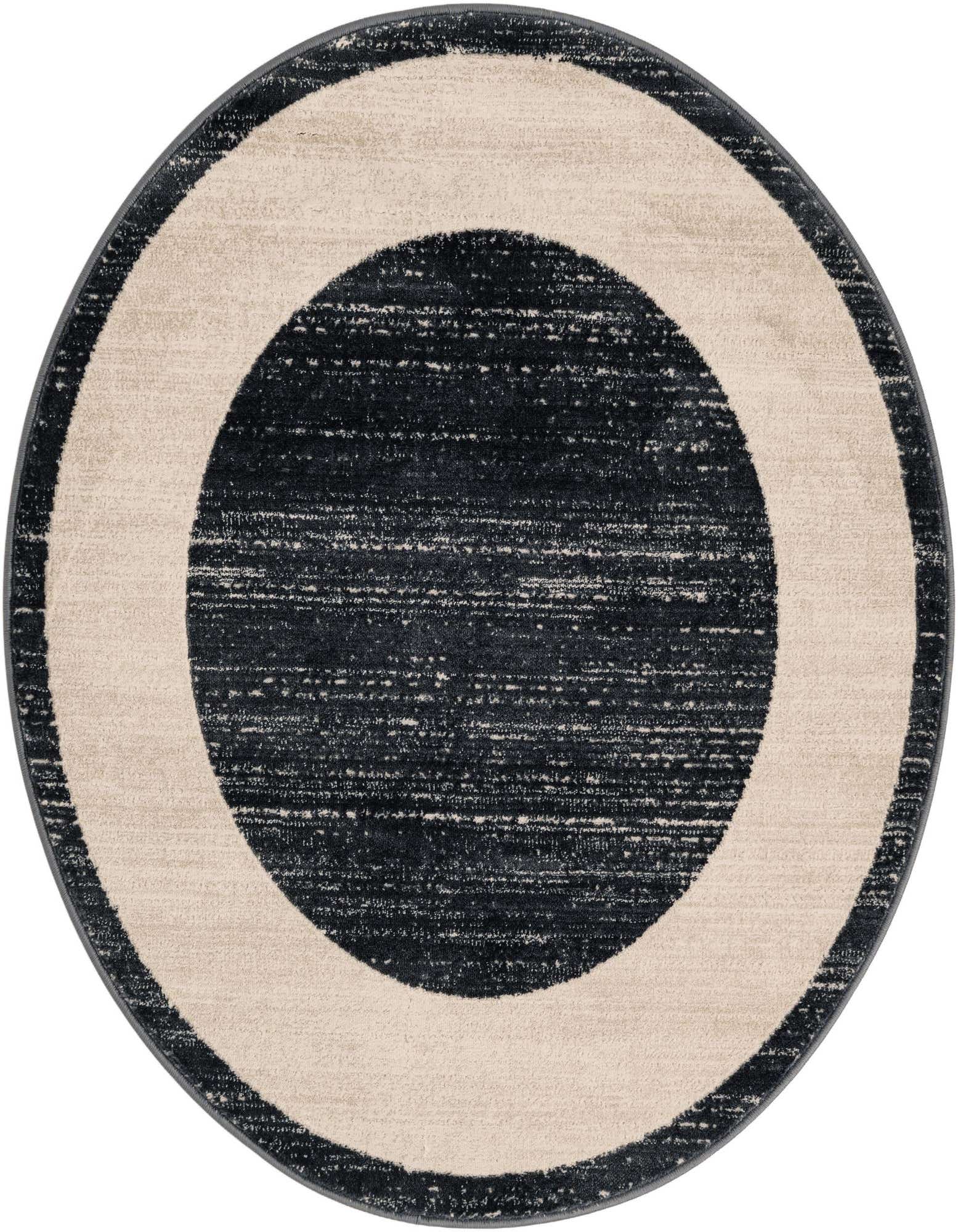 A 3' 3 round navy blue and beige rug with a modern concentric circle design and textured pile.