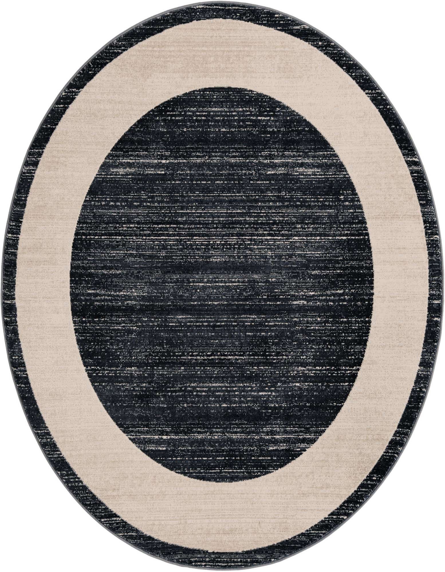 A 5' 3 round navy blue and beige transitional rug with a textured pile and a wide beige border.