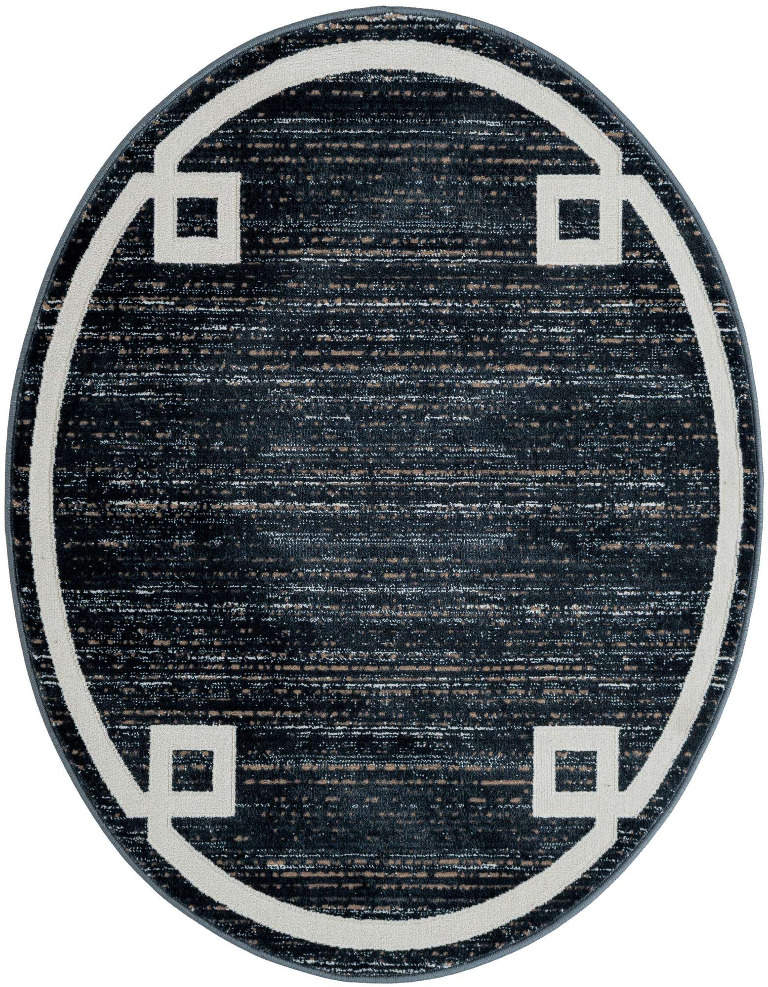 A 3' 3 x 3' 3 round navy blue rug with a modern white geometric border and textured pile.
