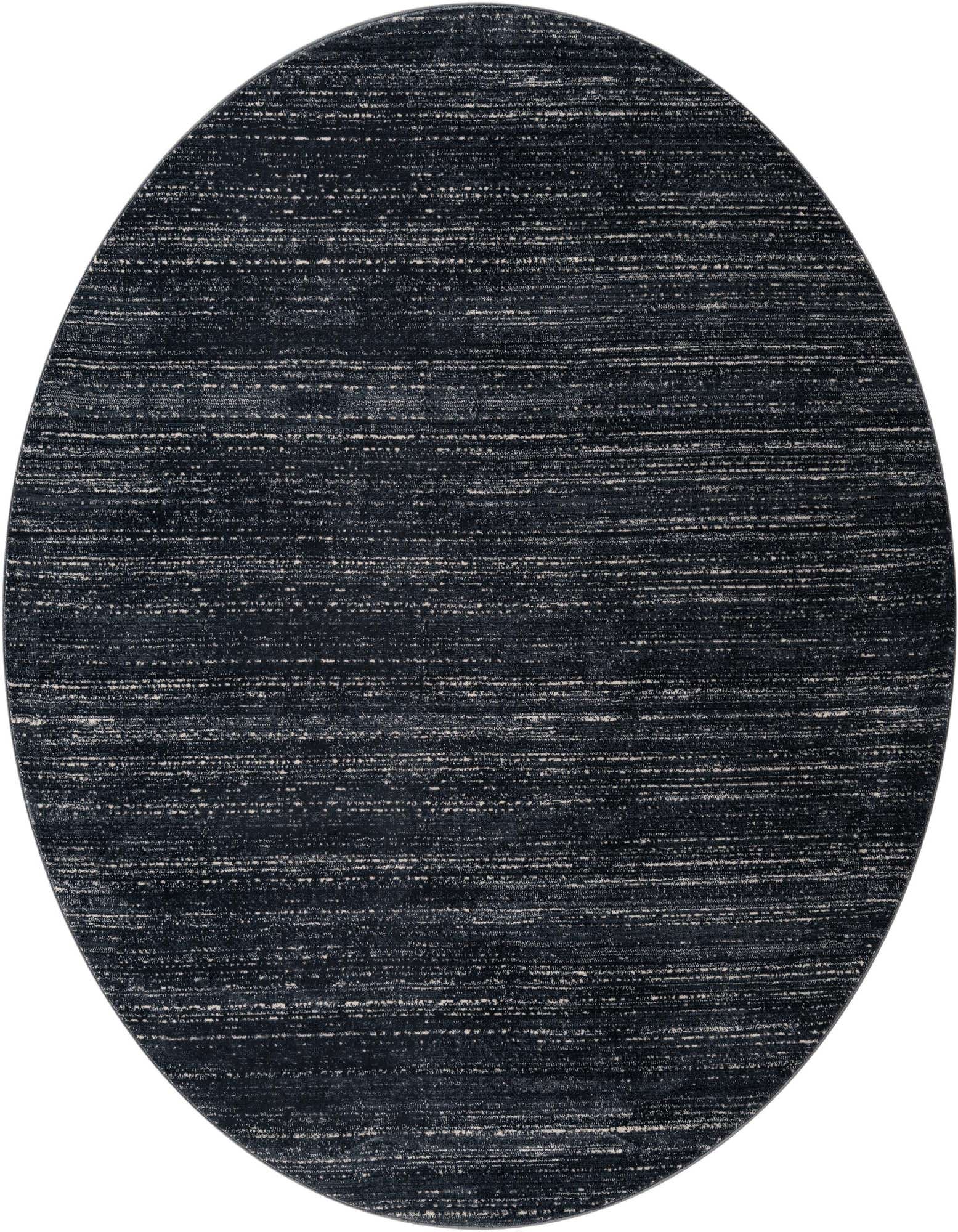 A 6' round navy blue rug with a modern textured pattern of horizontal light blue and white flecks.