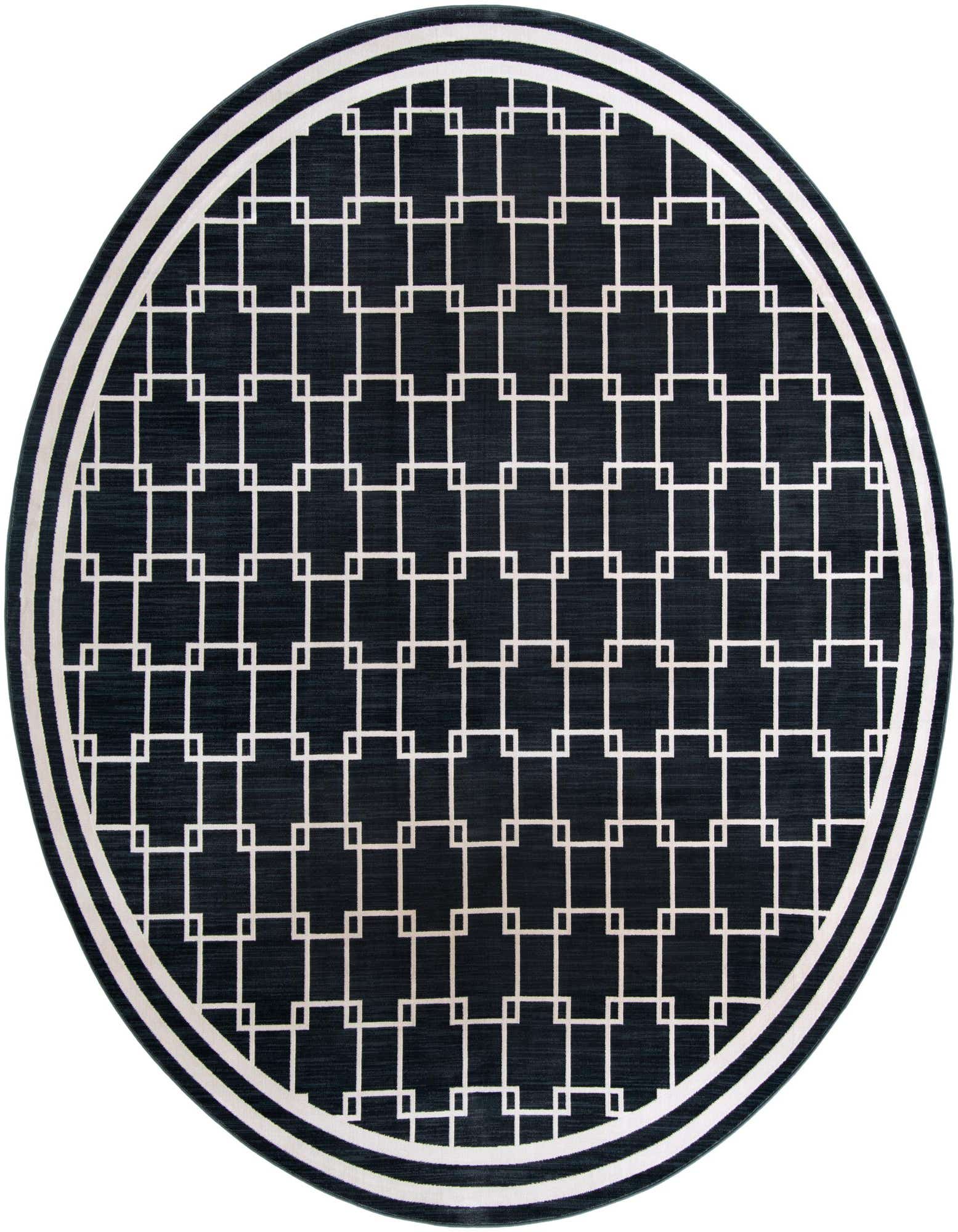 A 10' round navy blue rug with a modern geometric white square pattern and a double white border.