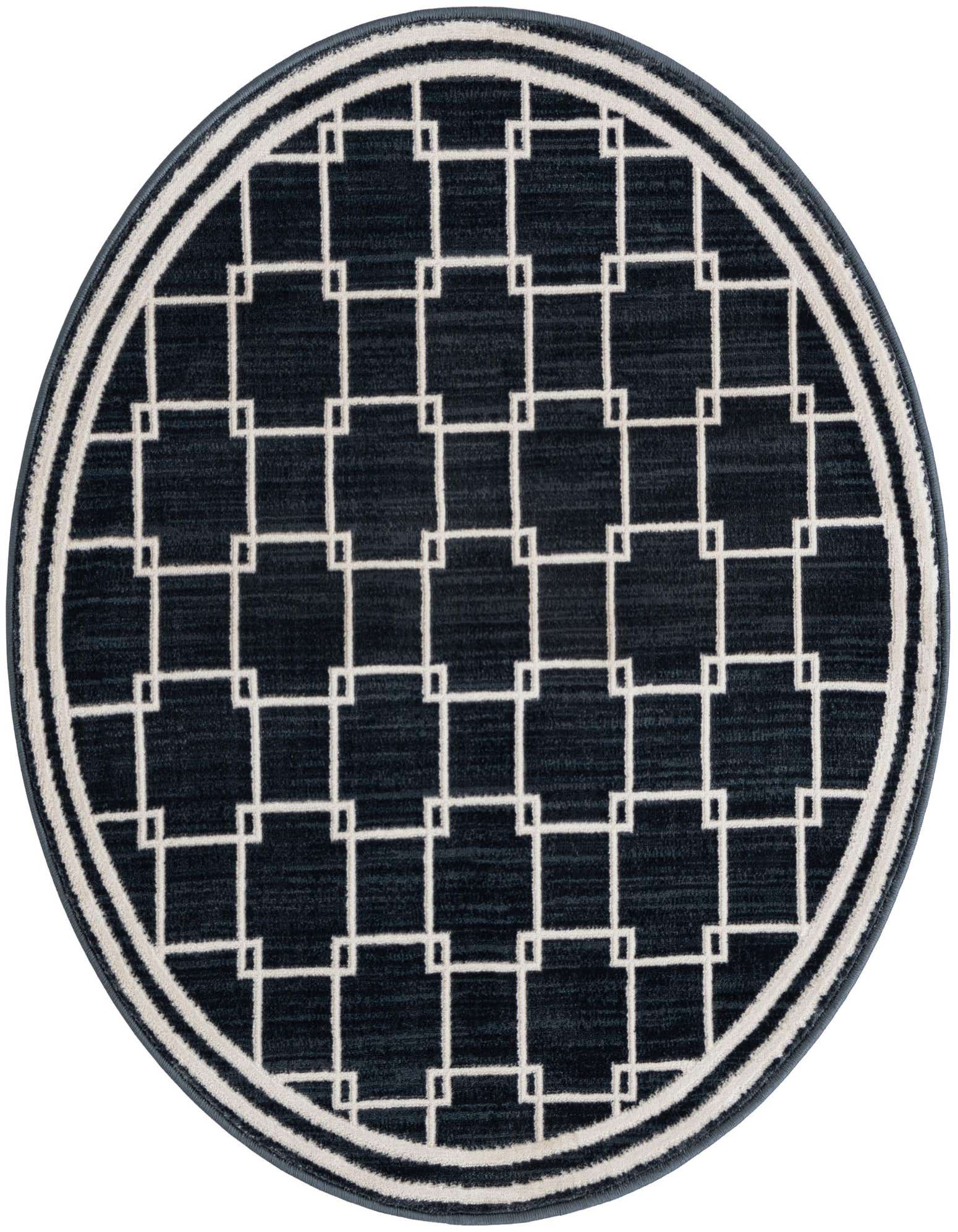 A 3' round navy blue modern rug with a white geometric square pattern and a double white border.
