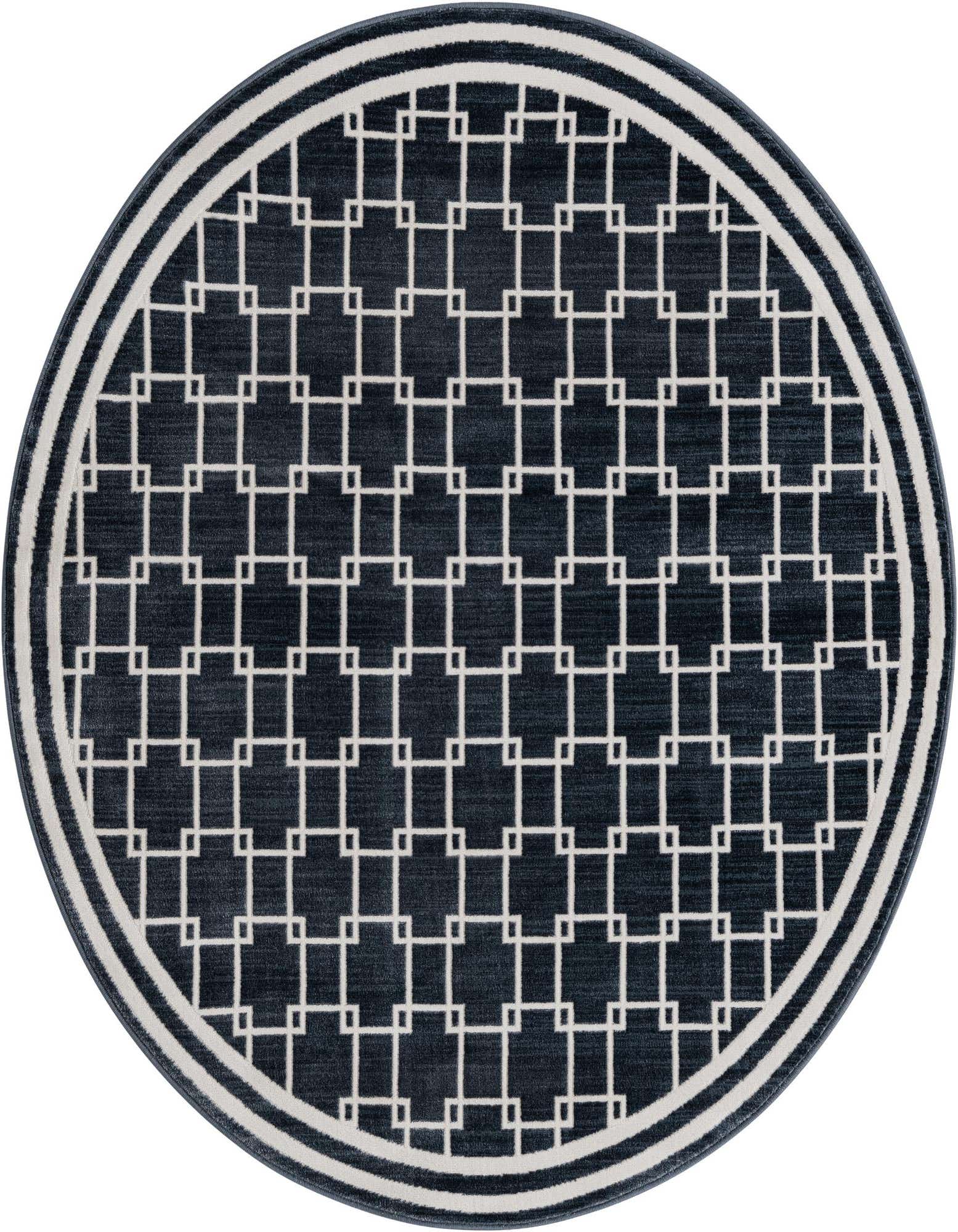 A 5' 0 x 5' 0 round navy blue rug with a modern white geometric square pattern and a double striped border.