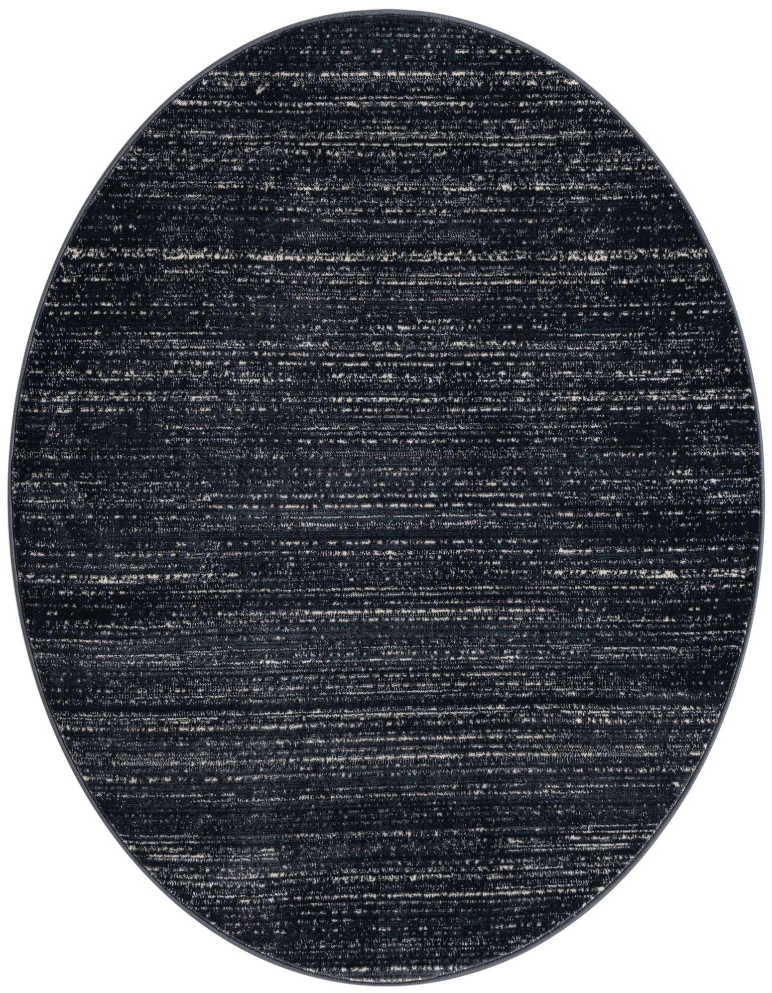 A 4' round navy blue modern rug with a subtle textured pattern of light horizontal lines, suitable for an indoor space.