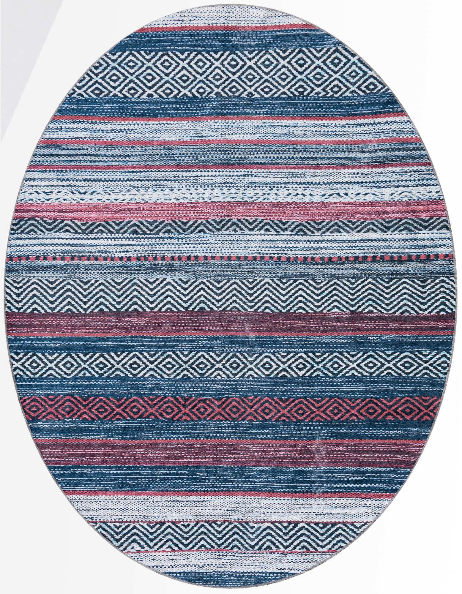 A round 7' 10" Yara rug featuring coastal stripes and geometric patterns in shades of blue, red, and white.
