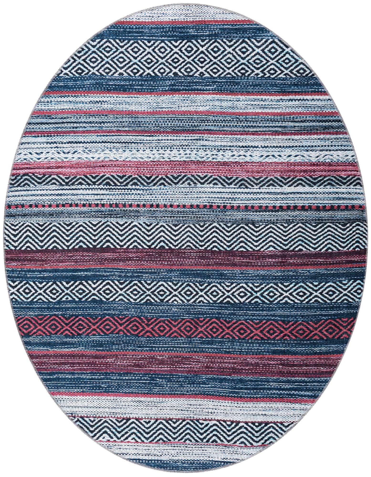 A 6' round Yara rug featuring a coastal stripe pattern in various shades of blue, red, and white, with geometric accents.