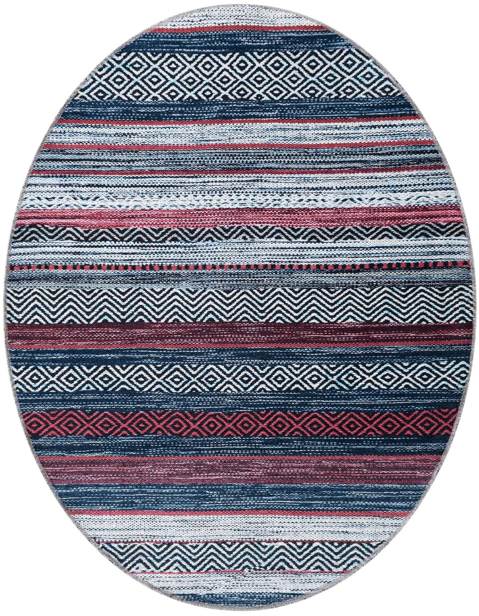 A round 4' blue, red, and white striped coastal rug with geometric patterns, perfect for an indoor living space.