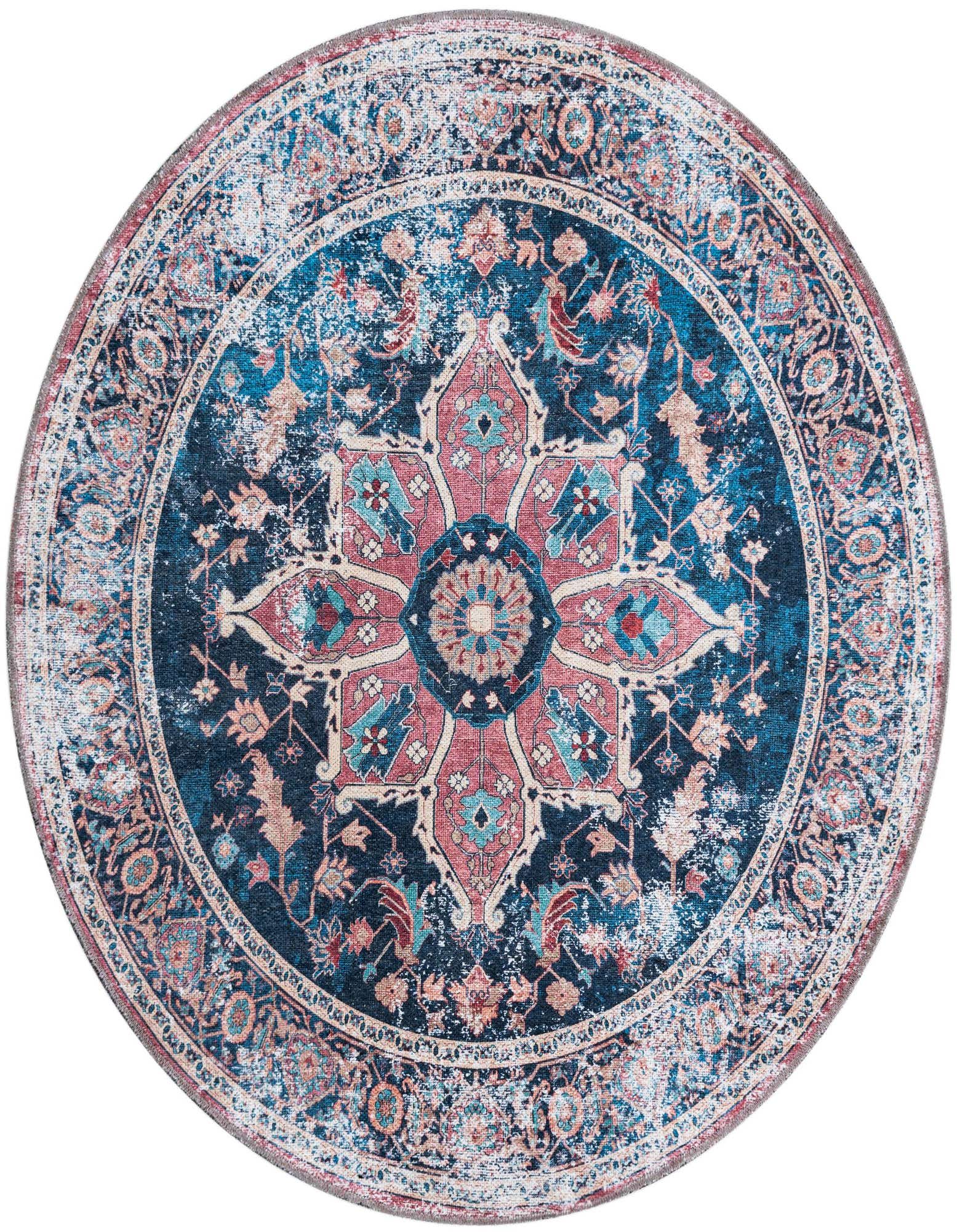 A 4' round navy blue and pink traditional medallion rug with a distressed vintage look, suitable for an indoor living space.