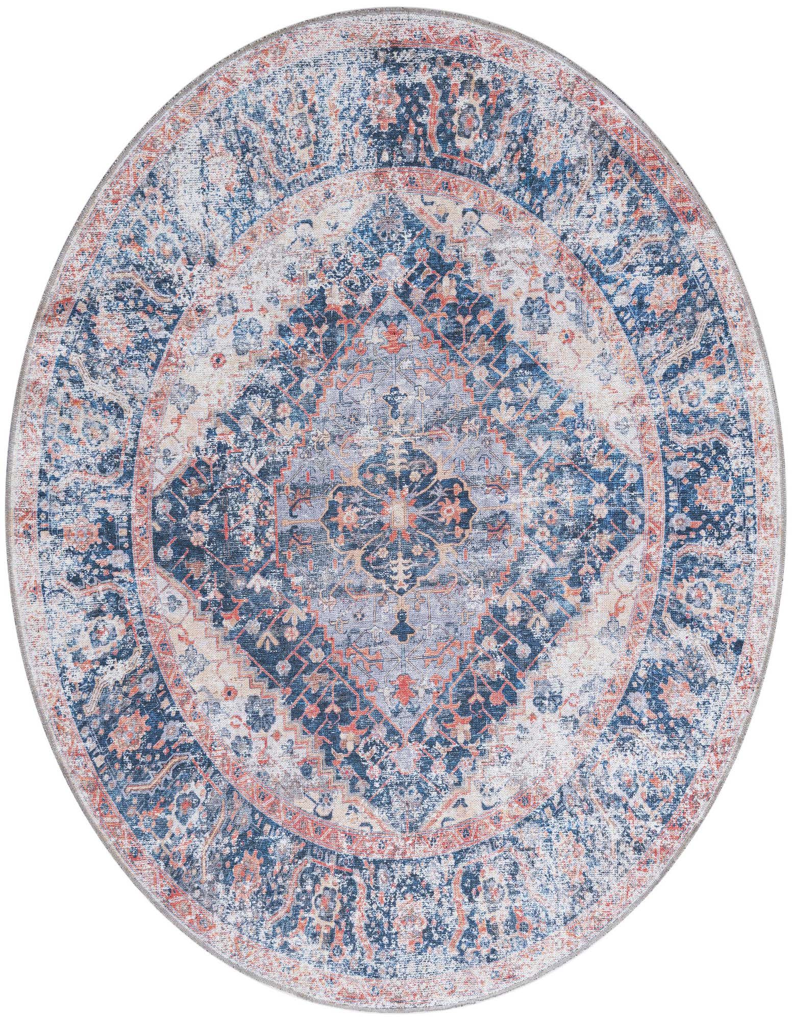 A 6' 0 x 6' 0 round tribal medallion rug in distressed navy blue, light blue, and terracotta tones.