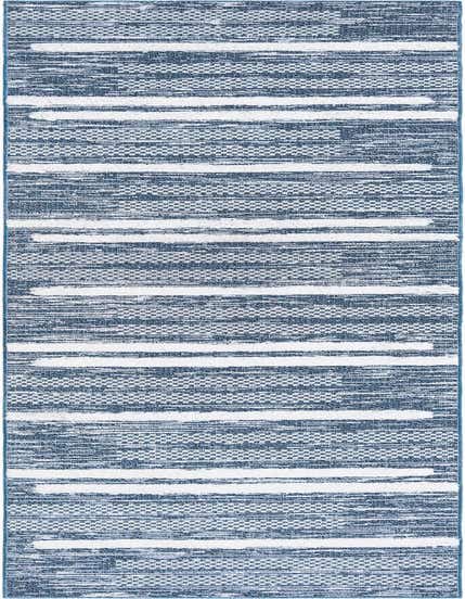 A 12 ft runner rug in shades of blue and white, featuring a modern striped pattern with varying textures.