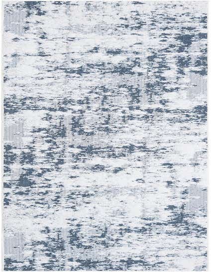 A 12 ft runner rug from the Abbey Collection, featuring an abstract pattern in varying shades of blue and white, ideal for a hallway.
