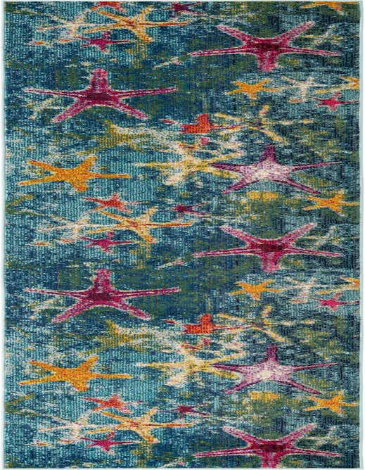 A 10 ft runner rug featuring a vibrant coastal design with various sized starfish in pink, orange, and yellow on a distressed blue and green background.