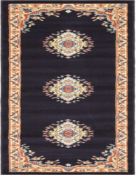 A navy blue 8 ft runner rug with a traditional oriental medallion pattern and a light-colored border, ideal for a hallway.