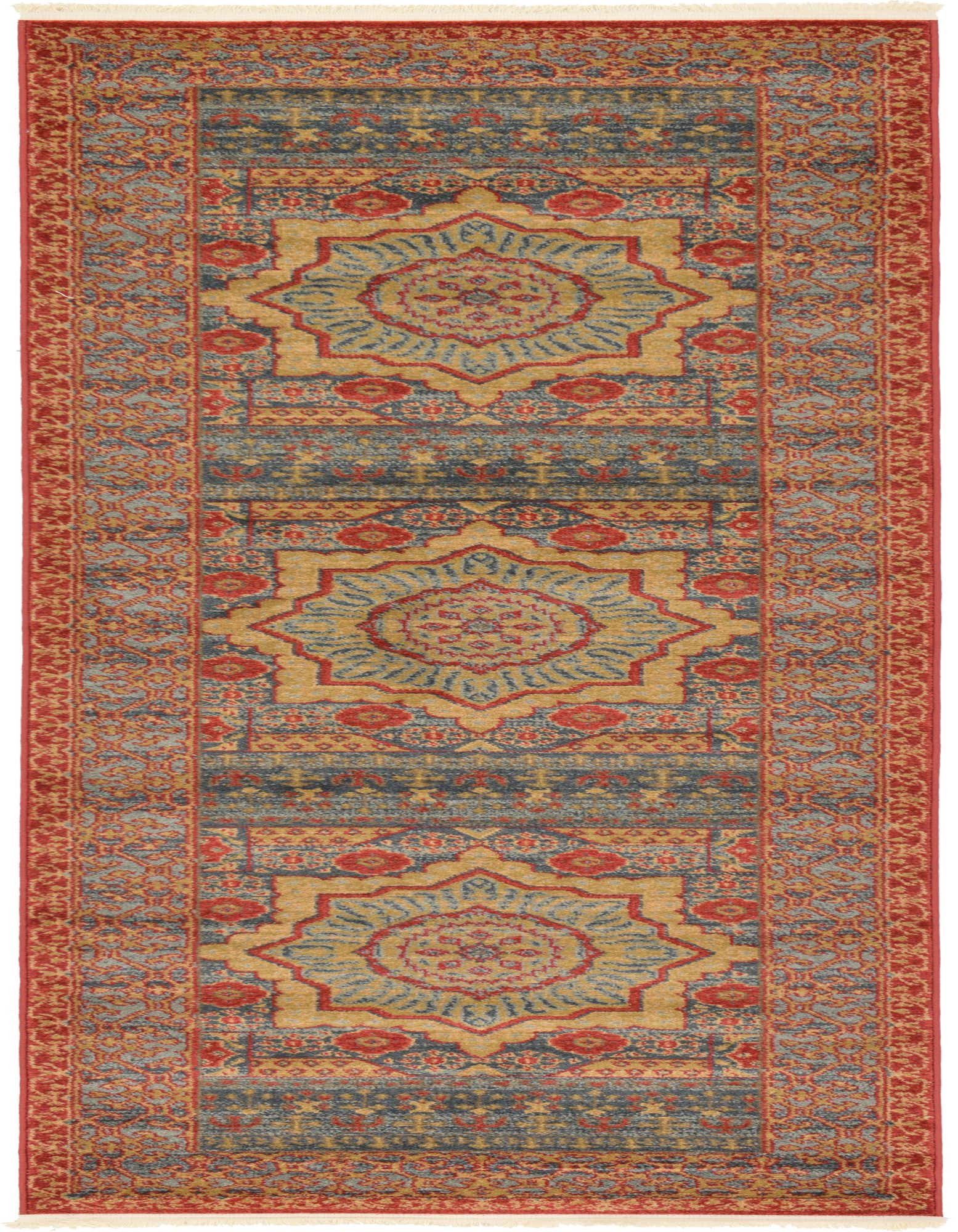 A 10 ft runner rug from the Amina collection, featuring a traditional medallion and botanical pattern in shades of blue, red, and gold, perfect for a hallway.