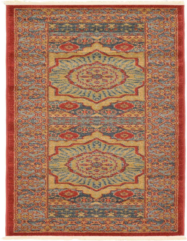 A 6 ft runner rug with a traditional tribal medallion pattern in blues, gold, and red, perfect for a hallway or kitchen.