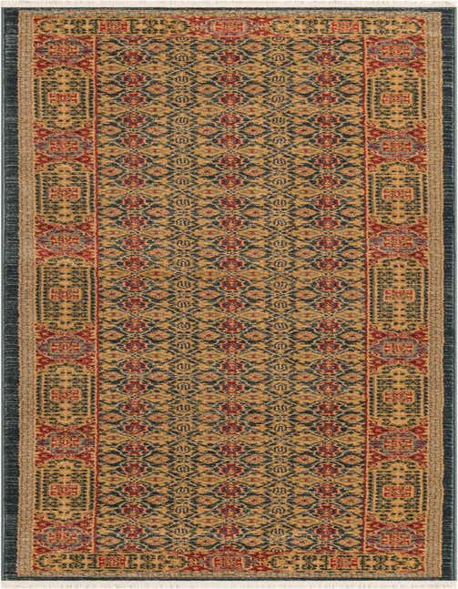 A 10 ft runner rug in traditional style, featuring a gold background with navy blue, red, and light blue botanical and tribal patterns, bordered by a solid navy blue edge.