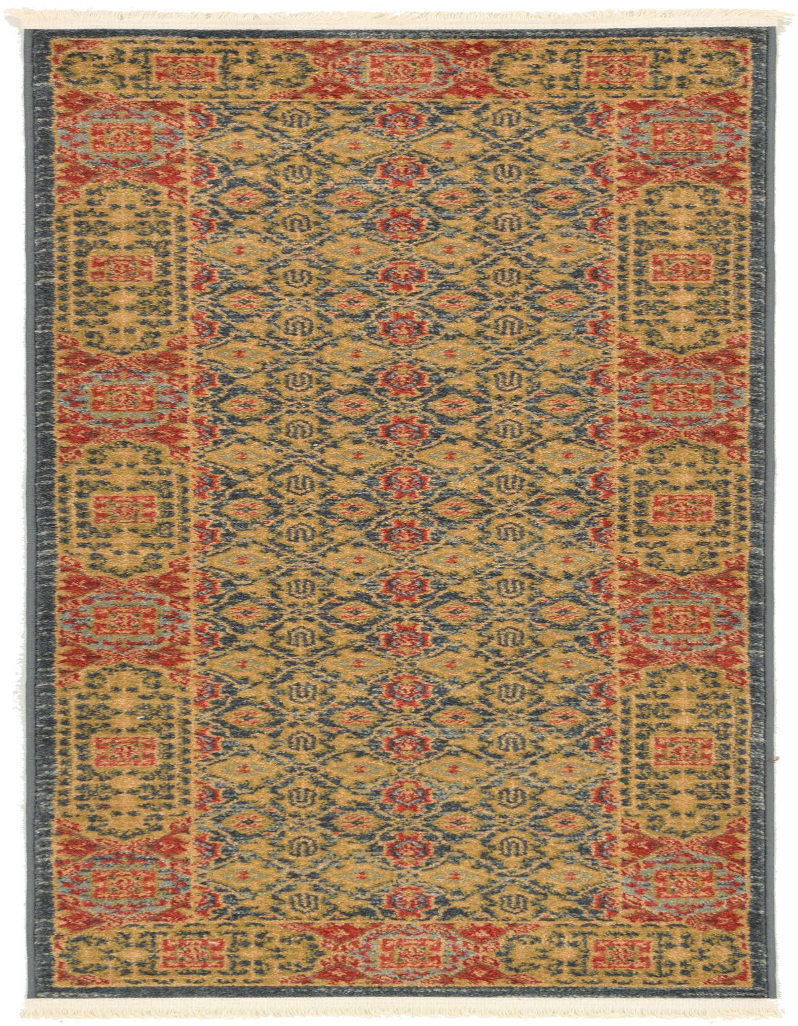 A 6 ft runner rug with a traditional botanical pattern in shades of blue, red, and gold, featuring a dark blue border and white fringe.