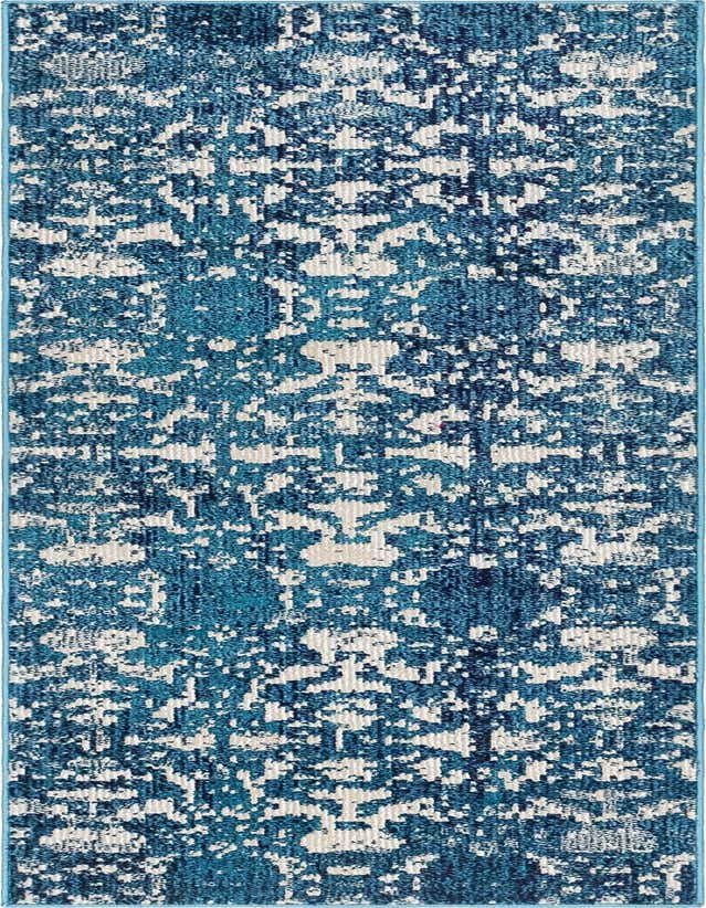 A 6 ft runner rug with an abstract bohemian pattern in varying shades of blue and white, ideal for a hallway.