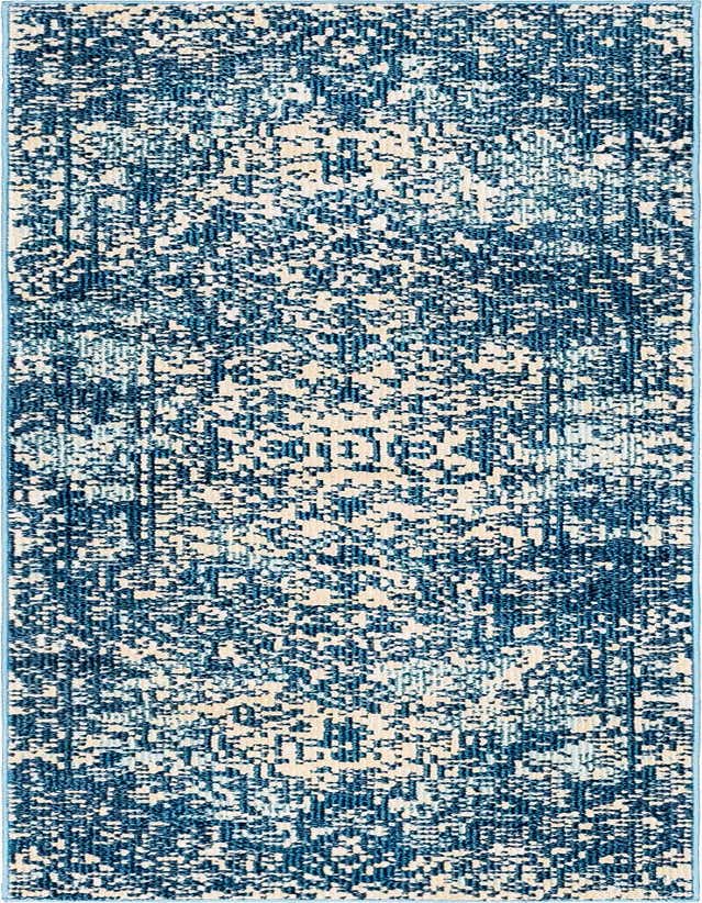 A 6 ft runner rug with a distressed bohemian pattern in varying shades of blue and cream, ideal for a hallway.