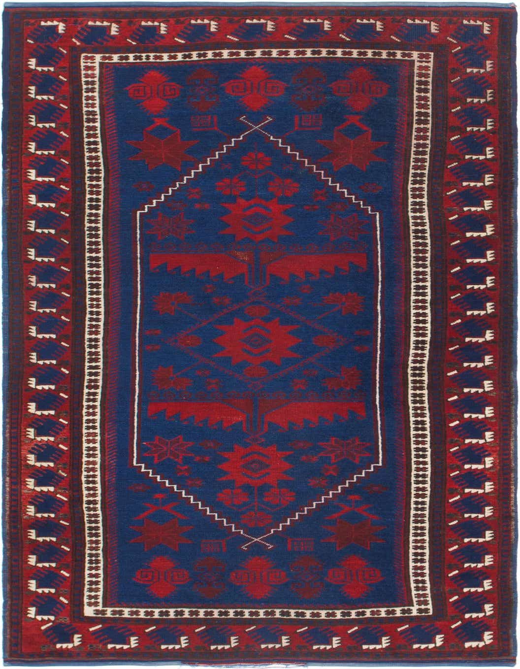 A 7 ft runner rug in navy blue with a traditional Southwestern tribal pattern in red and white, ideal for a hallway.