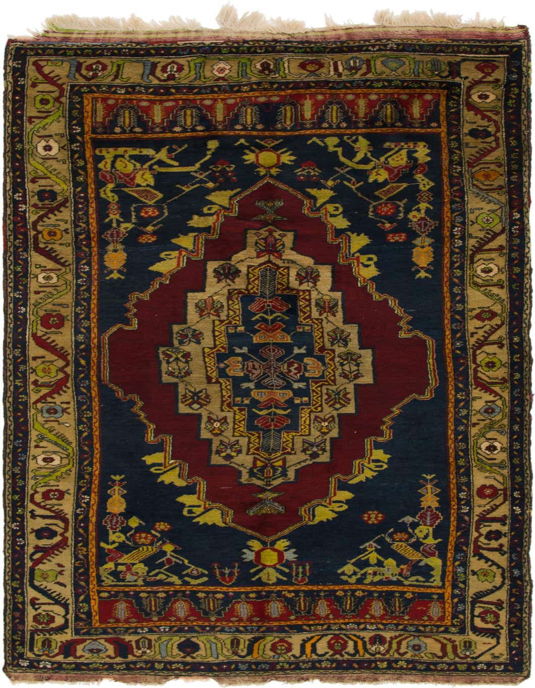 A handmade 10 Ft runner rug in a traditional Anatolian pattern with a deep blue field, a rich red medallion, and intricate gold and multicolored accents, perfect for a hallway.