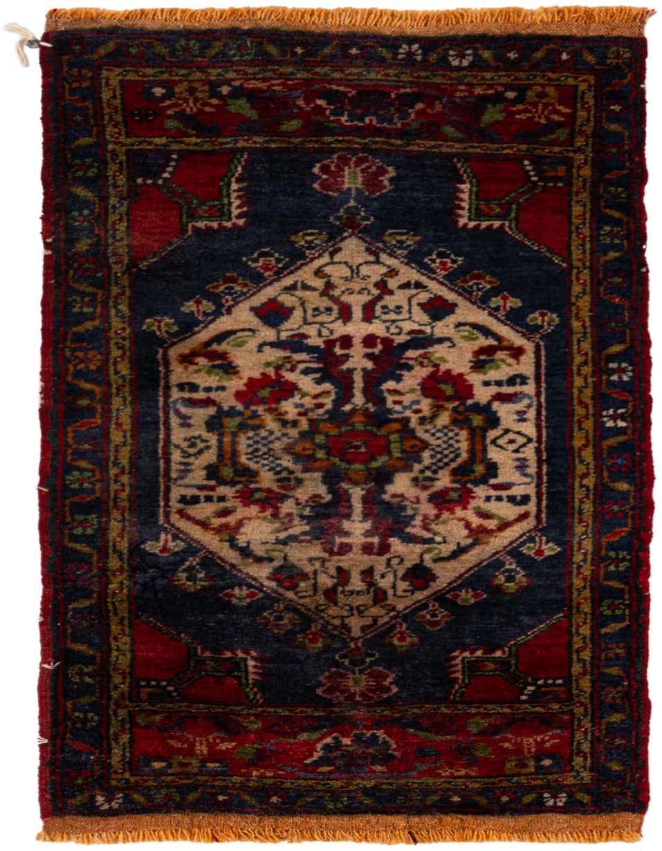 A 4 ft runner rug in navy blue and red, featuring a traditional medallion pattern with floral motifs and fringed ends.