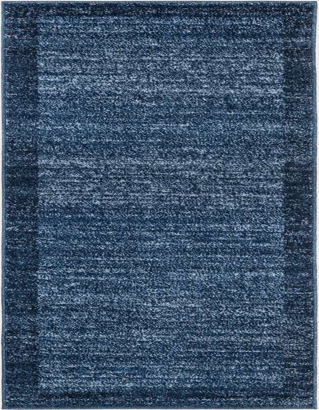 A 6 ft runner rug in varying shades of blue, featuring a distressed, solid pattern with a darker blue border.