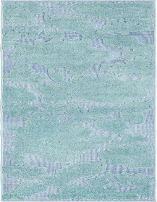 A long 8 ft runner rug with a modern botanical pattern in varying shades of blue, ideal for a hallway or patio.