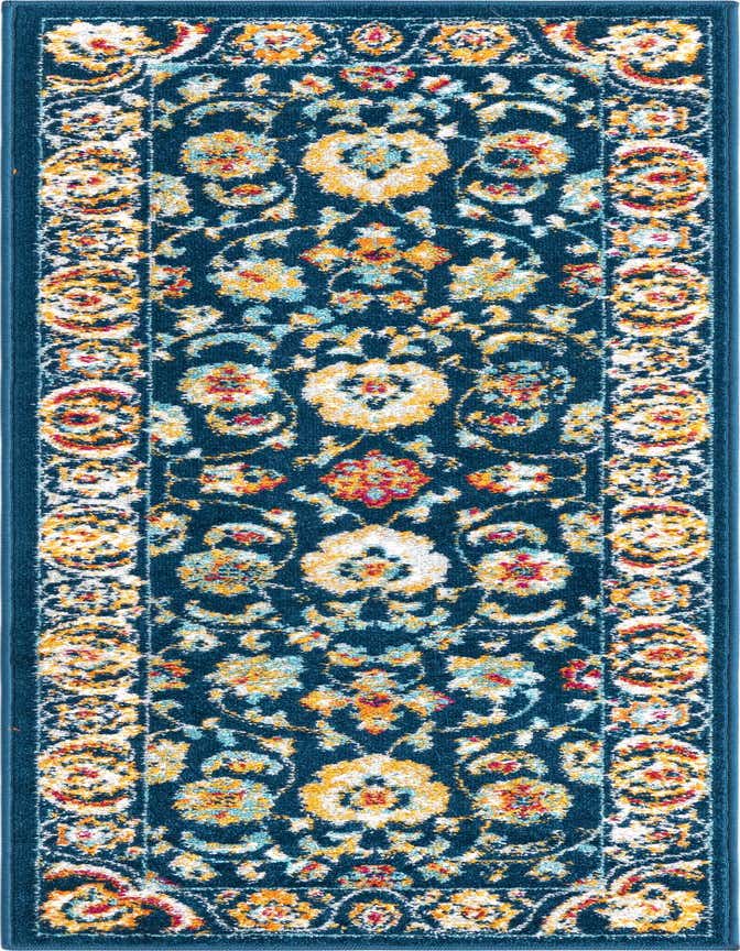 A 6 ft runner rug with a traditional botanical pattern in shades of navy blue, gold, and red, perfect for a hallway.