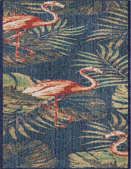 A navy blue 8 ft runner rug with a repeating pattern of pink flamingos and green and gold palm leaves, suitable for a hallway or patio.