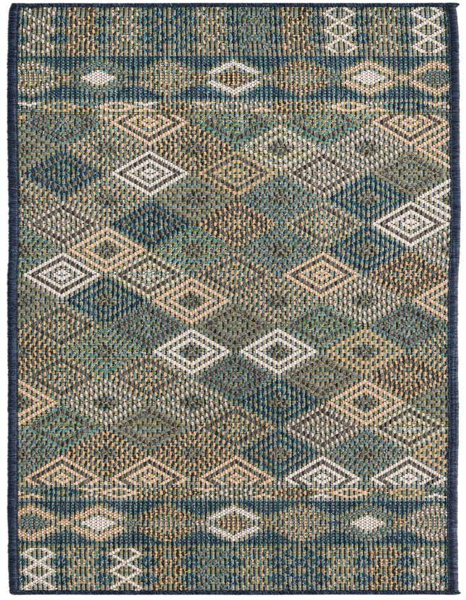 A 6 ft runner rug featuring a modern trellis pattern in shades of blue, teal, and beige, suitable for hallways or patios.