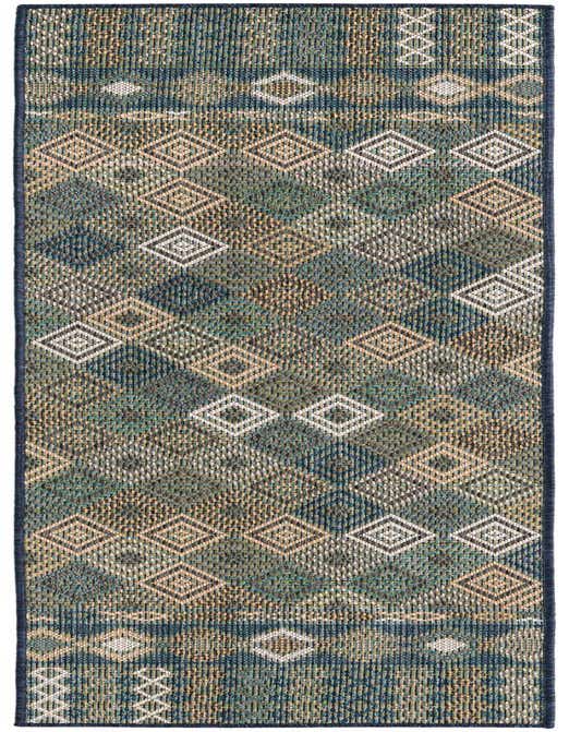 A Baja Outdoor 8 ft runner rug featuring a modern trellis pattern in shades of blue, beige, and green, suitable for a hallway or patio.