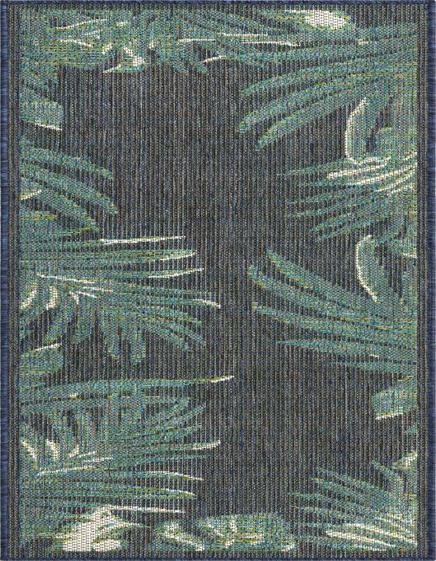 A navy blue 6 ft runner rug with a modern botanical pattern of teal and light blue palm fronds, ideal for a hallway or patio.