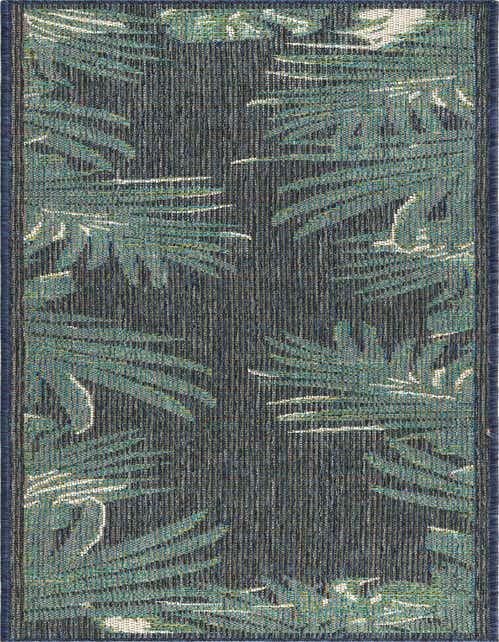 A navy blue 8 ft runner rug with a modern botanical pattern of teal and white palm leaves, suitable for indoor/outdoor use.