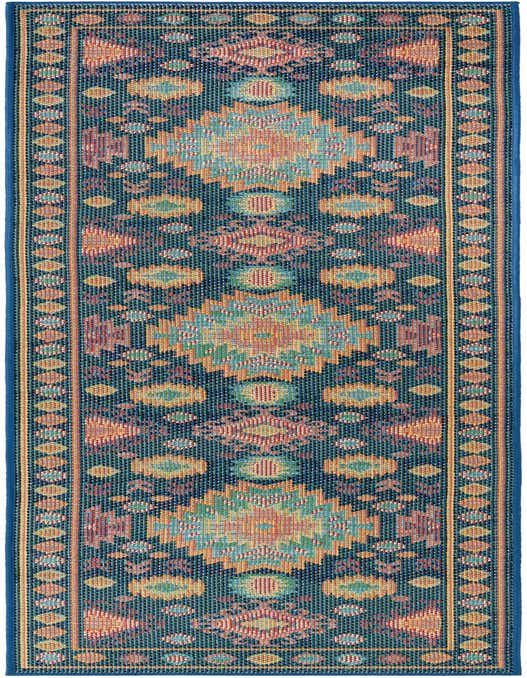 A 10 ft runner rug featuring a vibrant Southwestern tribal pattern in shades of blue, orange, and teal, suitable for a hallway or patio.