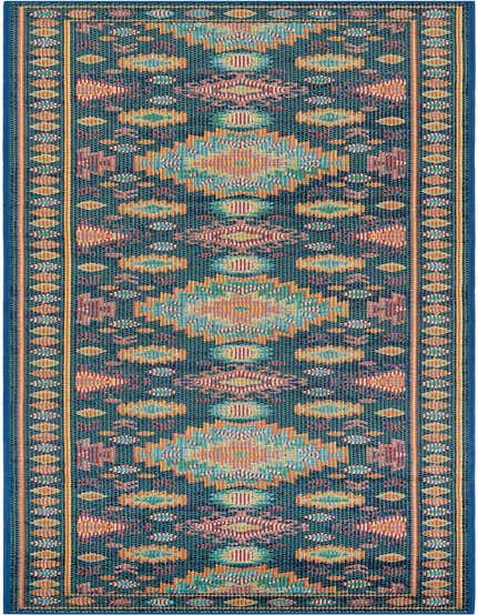 A 12 ft runner rug with a Southwestern tribal pattern in shades of blue, orange, and teal, suitable for a hallway or patio.
