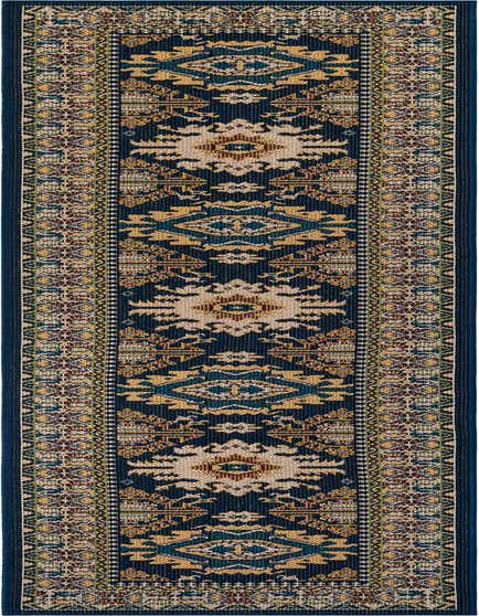 A 12 ft runner rug with a navy blue background and a detailed traditional medallion pattern in beige, gold, and teal, suitable for a hallway or patio.