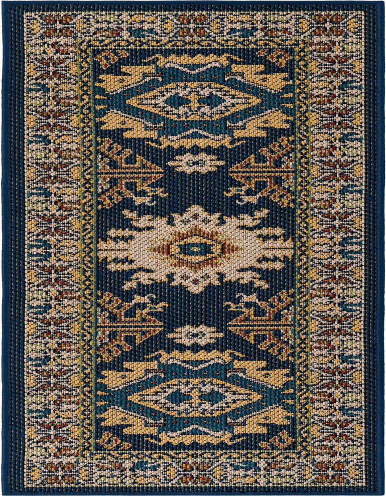 A 5 Ft runner rug from the Baja Outdoor collection, featuring a traditional Oriental pattern in shades of blue, yellow, red, and cream.