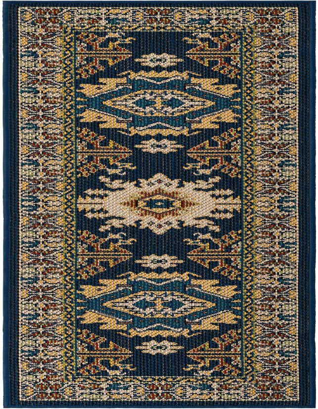 A 6 ft runner rug featuring a navy blue background with a vibrant traditional and oriental pattern in gold, cream, and hints of red.