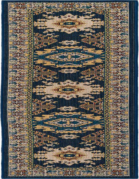A navy blue 8 ft runner rug with a traditional Oriental pattern in cream, gold, and red, suitable for hallways or patios.