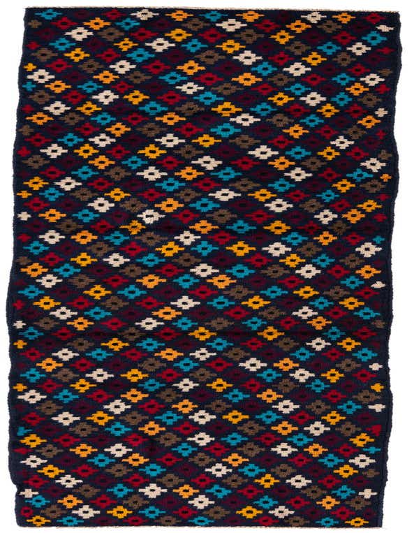 A 10 ft runner rug featuring a traditional tribal pattern with colorful geometric shapes on a dark blue background.