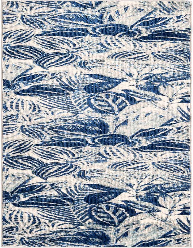 A 6 ft runner rug featuring a modern botanical pattern with various shades of blue leaves on a cream background.