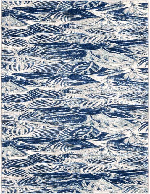 A long 8 ft runner rug with a modern botanical pattern in varying shades of navy blue and light blue on a white background, ideal for a hallway or kitchen.