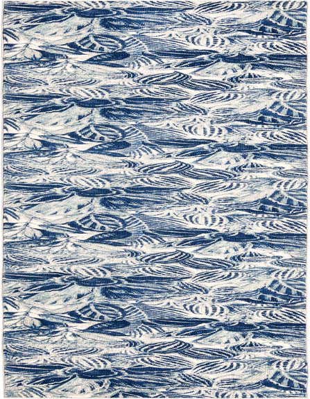 A 12 ft runner rug featuring a modern botanical pattern with various shades of blue leaves on a white background.