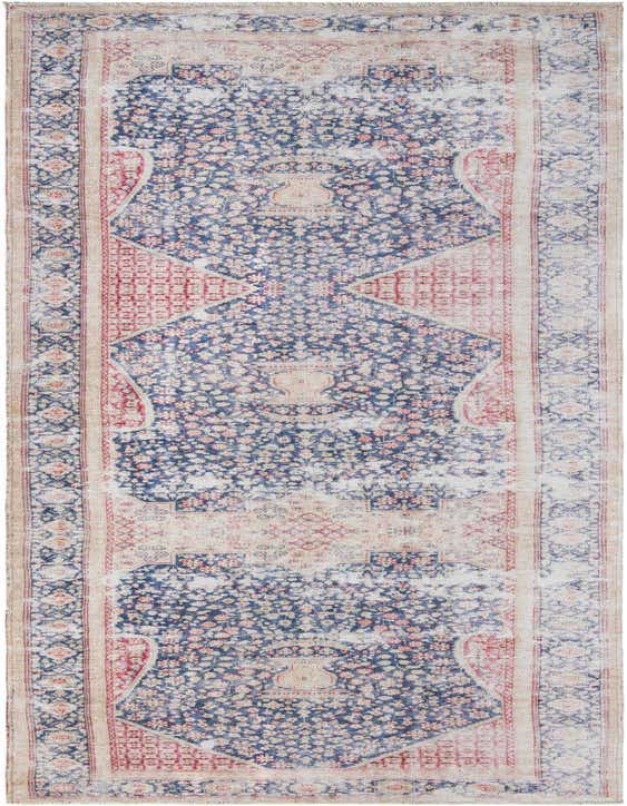 A 12 ft blue and red Oriental runner rug with a distressed medallion pattern, ideal for a hallway.