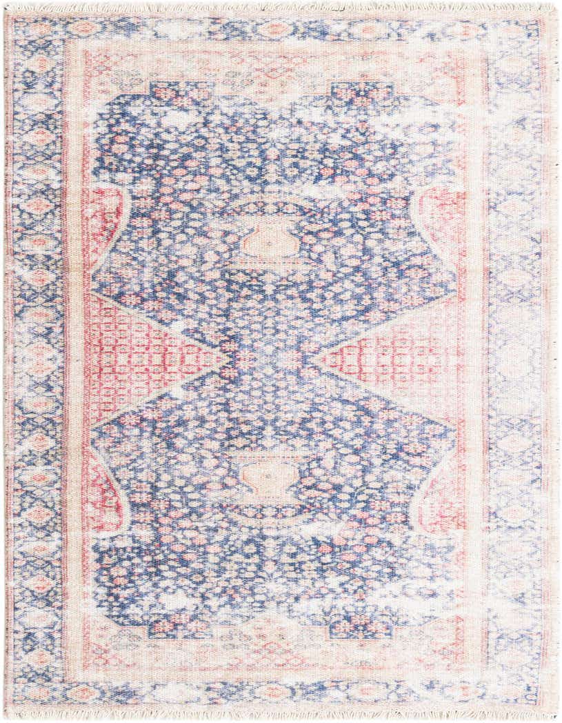 A 5 ft runner rug with a faded traditional medallion pattern in shades of navy blue, red, and cream.
