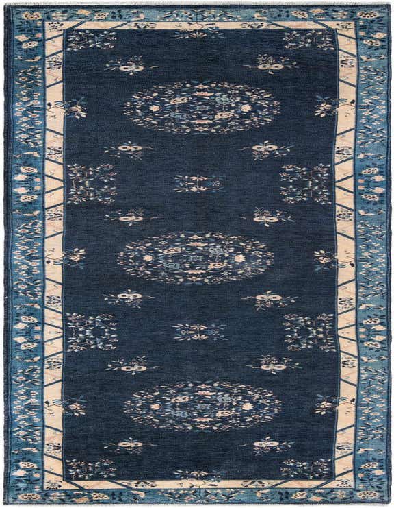 A 12 Ft navy blue runner rug with a traditional Asian medallion pattern and light blue and cream floral borders, perfect for a hallway.